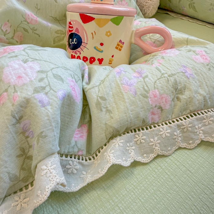 91家纺网 家纺一手货源 找家纺 芯贝儿 2025新款全m纯m花边木m邹邹双层纱水洗m四件套 木槿