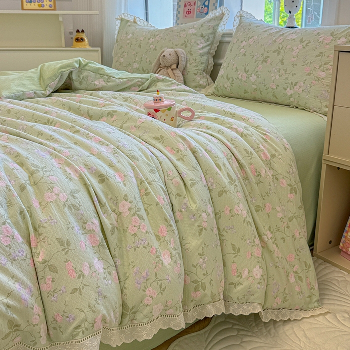 91家纺网 家纺一手货源 找家纺 芯贝儿 2025新款全m纯m花边木m邹邹双层纱水洗m四件套 木槿