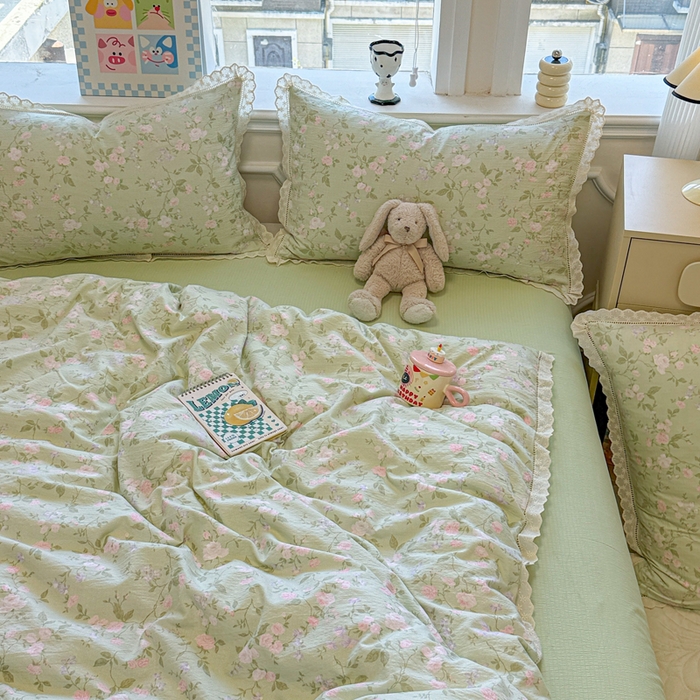 91家纺网 家纺一手货源 找家纺 芯贝儿 2025新款全m纯m花边木m邹邹双层纱水洗m四件套 木槿