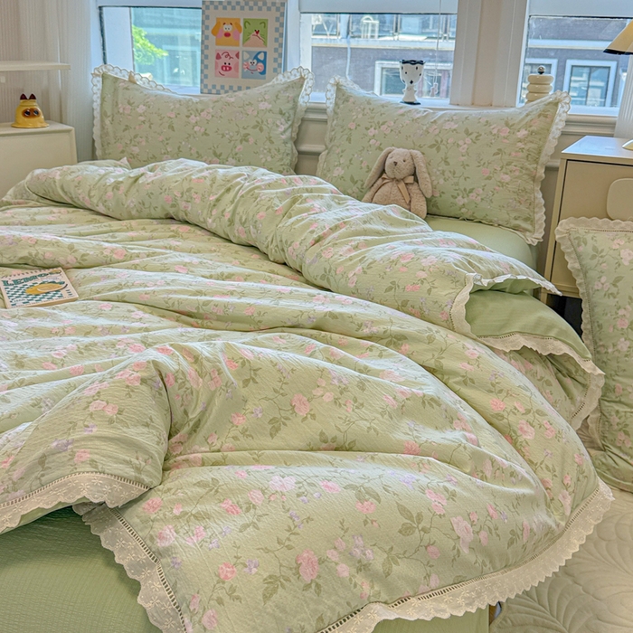 芯贝儿 2025新款全m纯m花边木m邹邹双层纱水洗m四件套 木槿