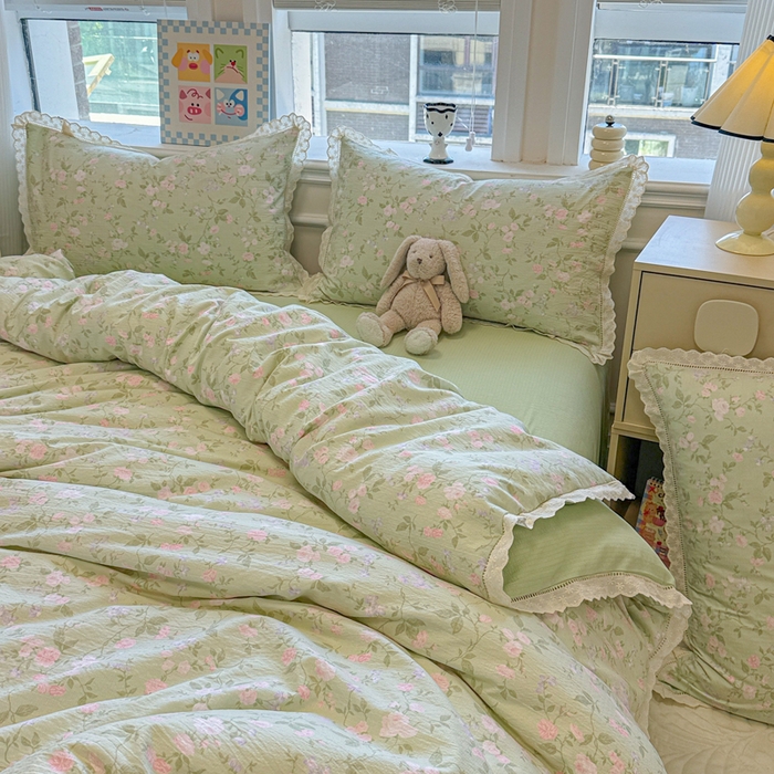 91家纺网 家纺一手货源 找家纺 芯贝儿 2025新款全m纯m花边木m邹邹双层纱水洗m四件套 木槿