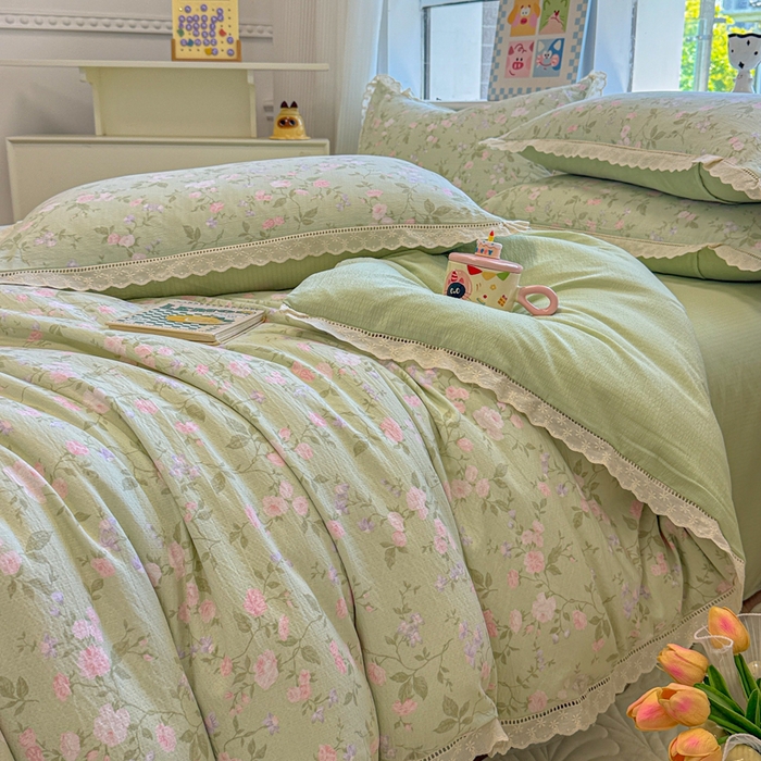 91家纺网 家纺一手货源 找家纺 芯贝儿 2025新款全m纯m花边木m邹邹双层纱水洗m四件套 木槿