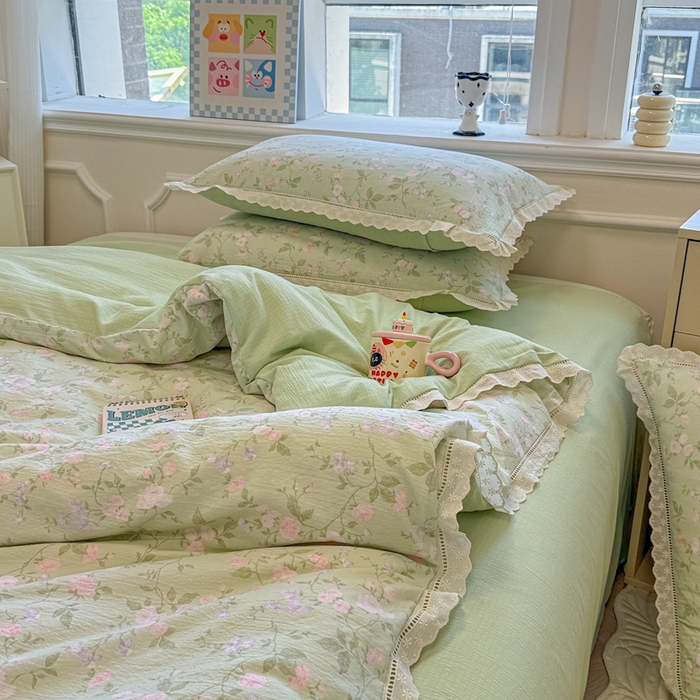 91家纺网 家纺一手货源 找家纺 芯贝儿 2025新款全m纯m花边木m邹邹双层纱水洗m四件套 木槿