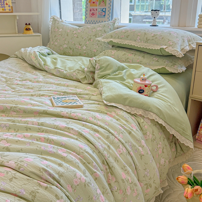 91家纺网 家纺一手货源 找家纺 芯贝儿 2025新款全m纯m花边木m邹邹双层纱水洗m四件套 木槿