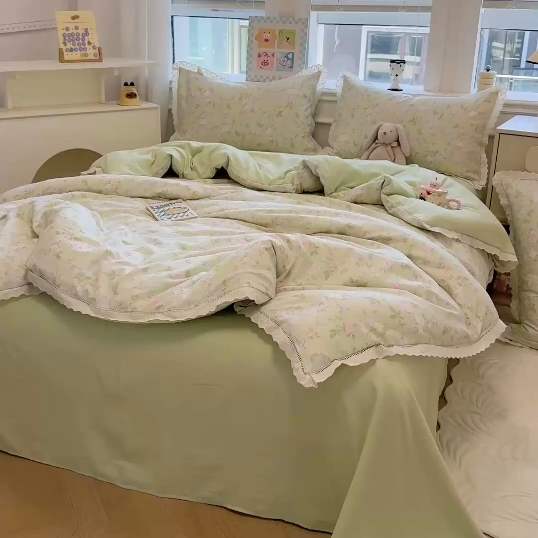 91家纺网 家纺一手货源 找家纺 芯贝儿 2025新款全m纯m花边木m邹邹双层纱水洗m四件套 木槿