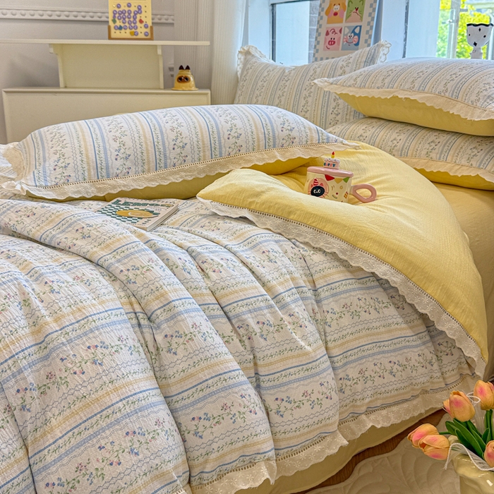 91家纺网 家纺一手货源 找家纺 芯贝儿 2025新款全m纯m花边木m邹邹双层纱水洗m四件套 洛克庄园