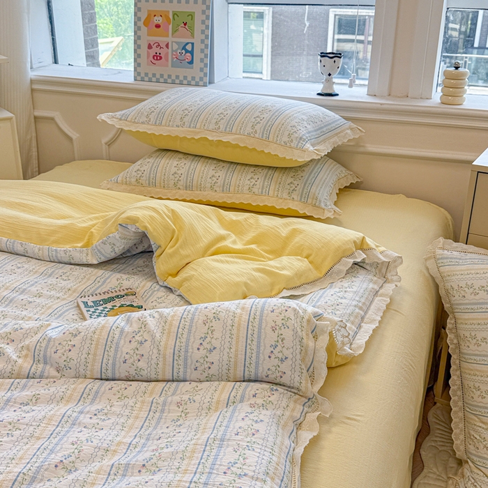 91家纺网 家纺一手货源 找家纺 芯贝儿 2025新款全m纯m花边木m邹邹双层纱水洗m四件套 洛克庄园