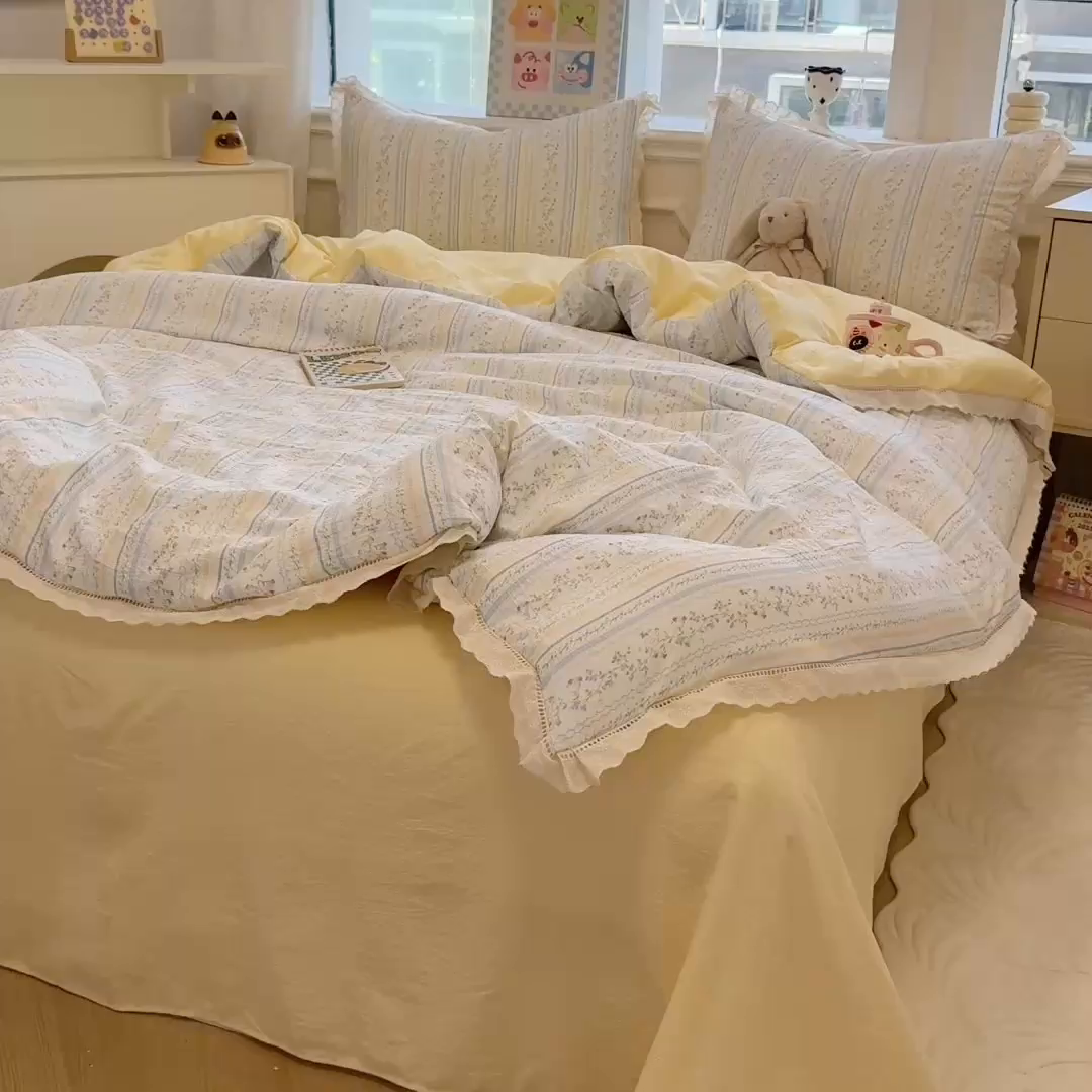 91家纺网 家纺一手货源 找家纺 芯贝儿 2025新款全m纯m花边木m邹邹双层纱水洗m四件套 洛克庄园