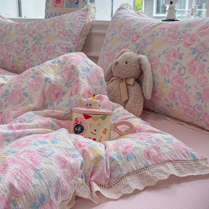 91家纺网 家纺一手货源 找家纺 芯贝儿 2025新款全m纯m花边木m邹邹双层纱水洗m四件套 花漫