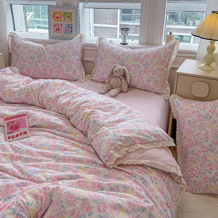 91家纺网 家纺一手货源 找家纺 芯贝儿 2025新款全m纯m花边木m邹邹双层纱水洗m四件套 花漫