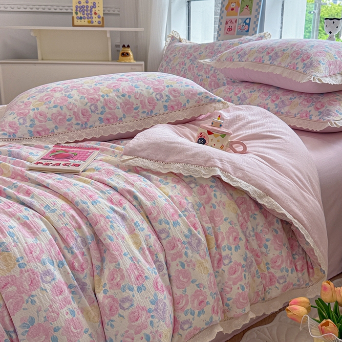 91家纺网 家纺一手货源 找家纺 芯贝儿 2025新款全m纯m花边木m邹邹双层纱水洗m四件套 花漫