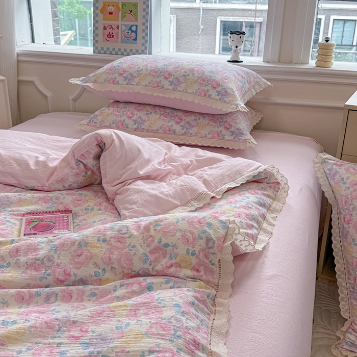 91家纺网 家纺一手货源 找家纺 芯贝儿 2025新款全m纯m花边木m邹邹双层纱水洗m四件套 花漫