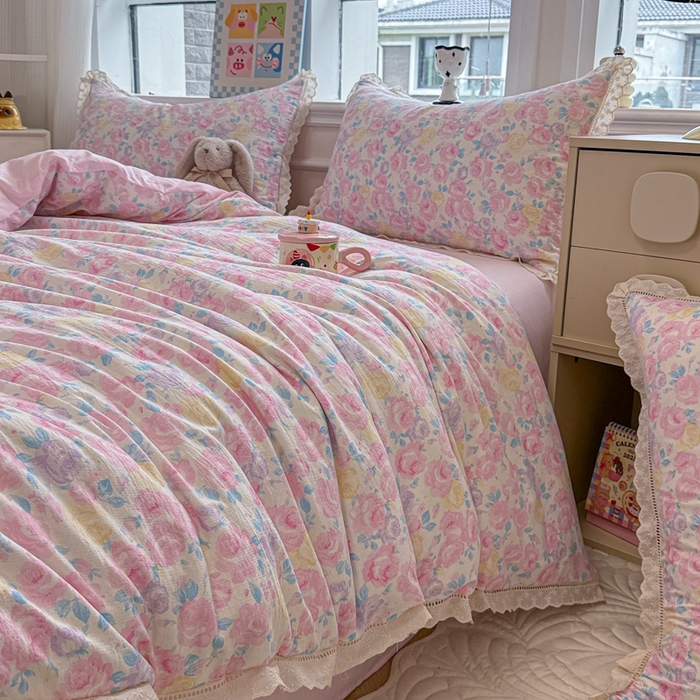 91家纺网 家纺一手货源 找家纺 芯贝儿 2025新款全m纯m花边木m邹邹双层纱水洗m四件套 花漫