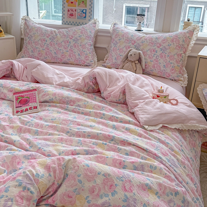 91家纺网 家纺一手货源 找家纺 芯贝儿 2025新款全m纯m花边木m邹邹双层纱水洗m四件套 花漫