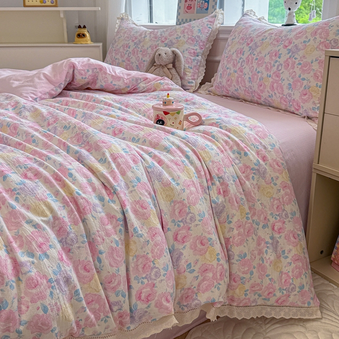 91家纺网 家纺一手货源 找家纺 芯贝儿 2025新款全m纯m花边木m邹邹双层纱水洗m四件套 花漫