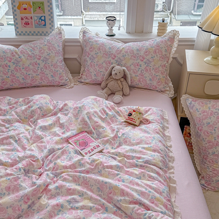 91家纺网 家纺一手货源 找家纺 芯贝儿 2025新款全m纯m花边木m邹邹双层纱水洗m四件套 花漫