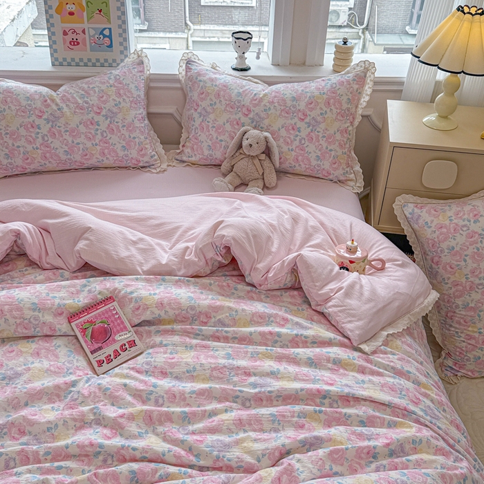 91家纺网 家纺一手货源 找家纺 芯贝儿 2025新款全m纯m花边木m邹邹双层纱水洗m四件套 花漫