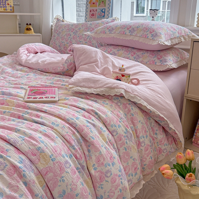 91家纺网 家纺一手货源 找家纺 芯贝儿 2025新款全m纯m花边木m邹邹双层纱水洗m四件套 花漫