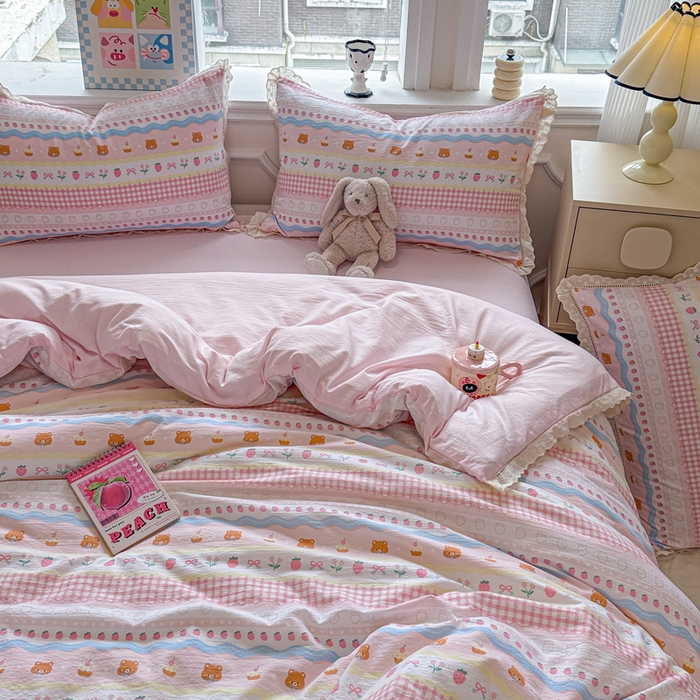 91家纺网 家纺一手货源 找家纺 芯贝儿 2025新款全m纯m花边木m邹邹双层纱水洗m四件套 草莓蛋糕