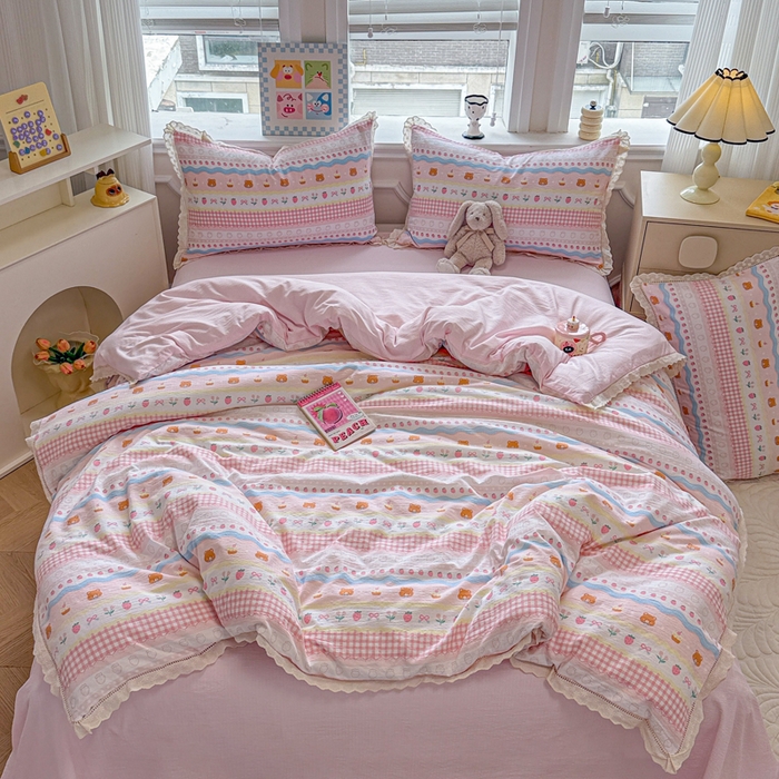 91家纺网 家纺一手货源 找家纺 芯贝儿 2025新款全m纯m花边木m邹邹双层纱水洗m四件套 草莓蛋糕