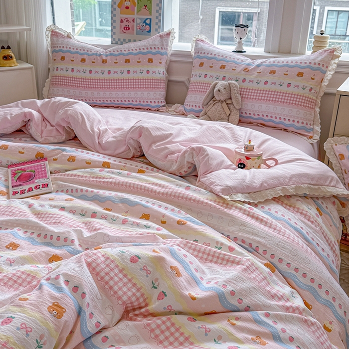 91家纺网 家纺一手货源 找家纺 芯贝儿 2025新款全m纯m花边木m邹邹双层纱水洗m四件套 草莓蛋糕