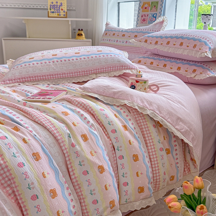 91家纺网 家纺一手货源 找家纺 芯贝儿 2025新款全m纯m花边木m邹邹双层纱水洗m四件套 草莓蛋糕