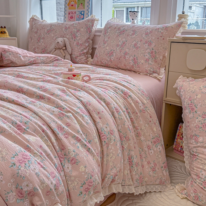 91家纺网 家纺一手货源 找家纺 芯贝儿 2025新款全m纯m花边木m邹邹双层纱水洗m四件套 爱如星辰