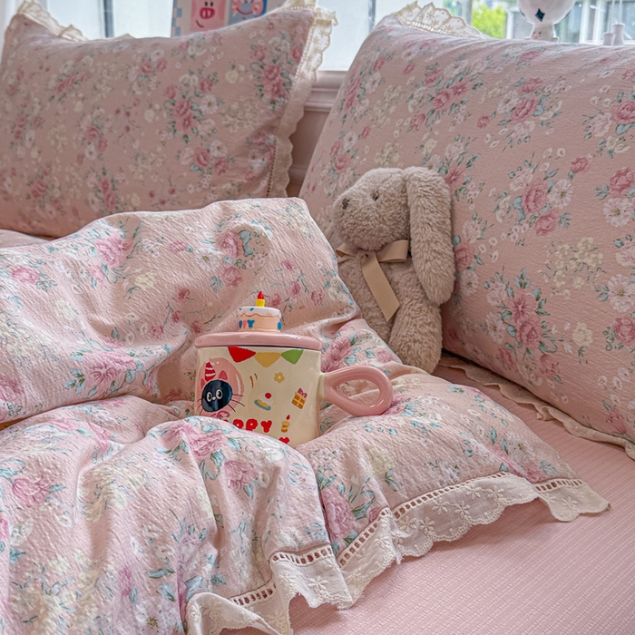 91家纺网 家纺一手货源 找家纺 芯贝儿 2025新款全m纯m花边木m邹邹双层纱水洗m四件套 爱如星辰