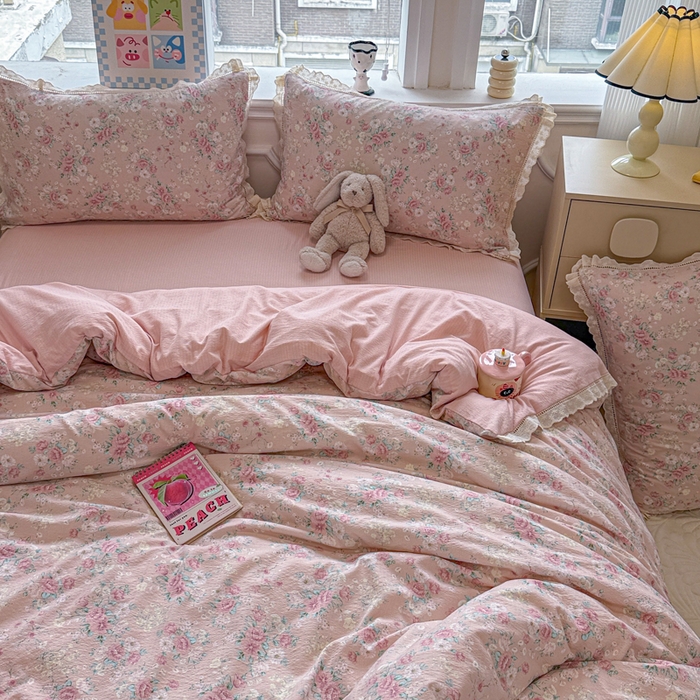 91家纺网 家纺一手货源 找家纺 芯贝儿 2025新款全m纯m花边木m邹邹双层纱水洗m四件套 爱如星辰