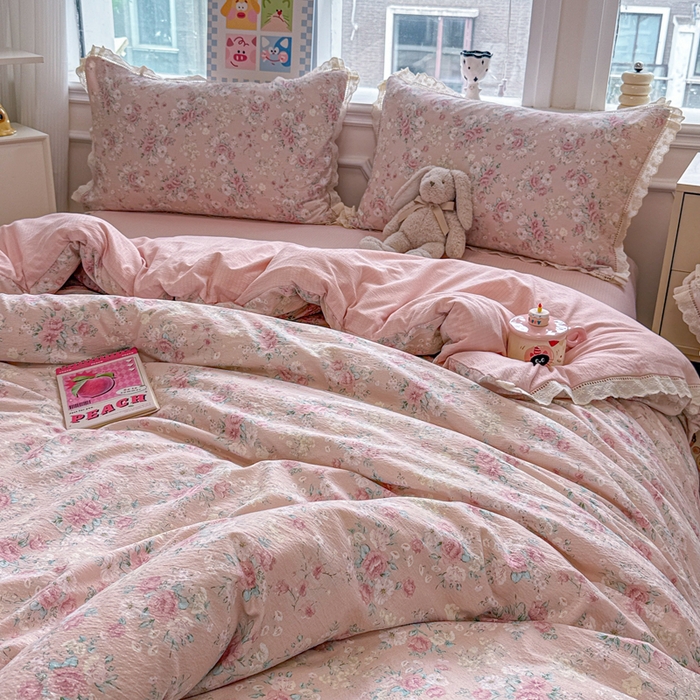 91家纺网 家纺一手货源 找家纺 芯贝儿 2025新款全m纯m花边木m邹邹双层纱水洗m四件套 爱如星辰