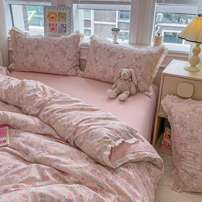 91家纺网 家纺一手货源 找家纺 芯贝儿 2025新款全m纯m花边木m邹邹双层纱水洗m四件套 爱如星辰