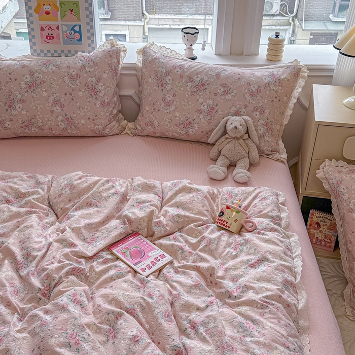 91家纺网 家纺一手货源 找家纺 芯贝儿 2025新款全m纯m花边木m邹邹双层纱水洗m四件套 爱如星辰