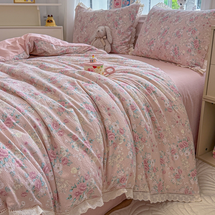 91家纺网 家纺一手货源 找家纺 芯贝儿 2025新款全m纯m花边木m邹邹双层纱水洗m四件套 爱如星辰