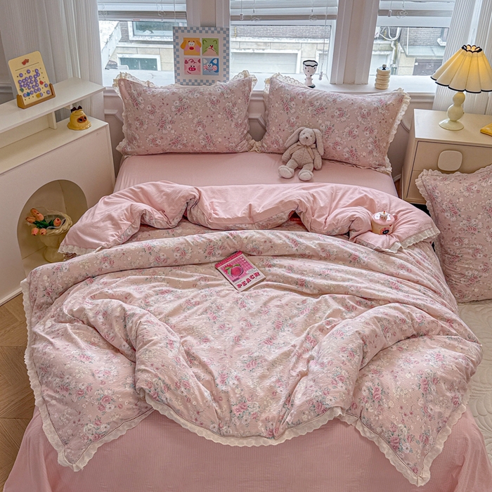 91家纺网 家纺一手货源 找家纺 芯贝儿 2025新款全m纯m花边木m邹邹双层纱水洗m四件套 爱如星辰