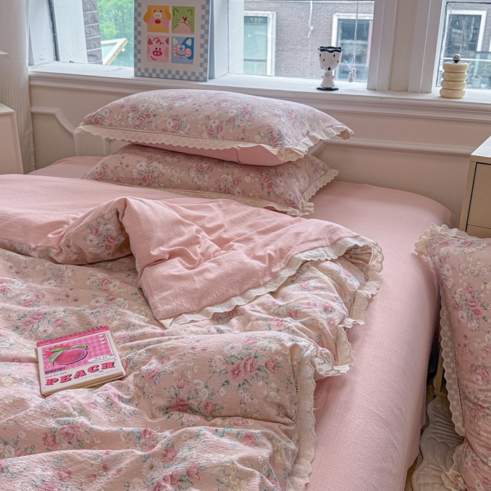 91家纺网 家纺一手货源 找家纺 芯贝儿 2025新款全m纯m花边木m邹邹双层纱水洗m四件套 爱如星辰