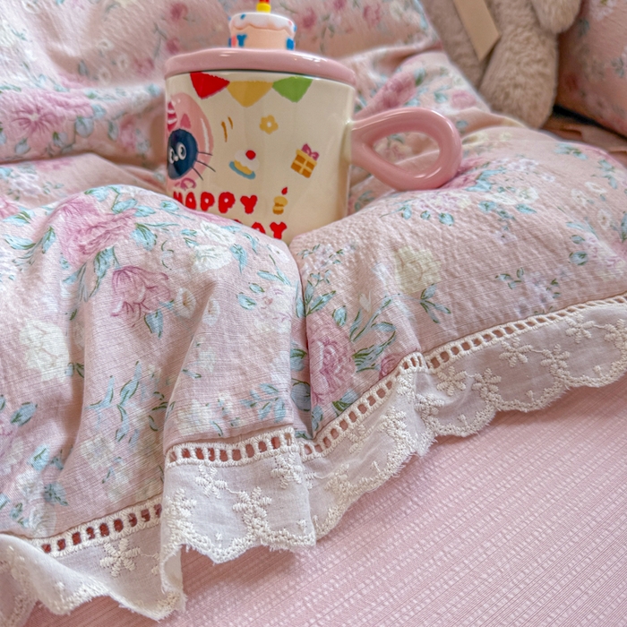 91家纺网 家纺一手货源 找家纺 芯贝儿 2025新款全m纯m花边木m邹邹双层纱水洗m四件套 爱如星辰