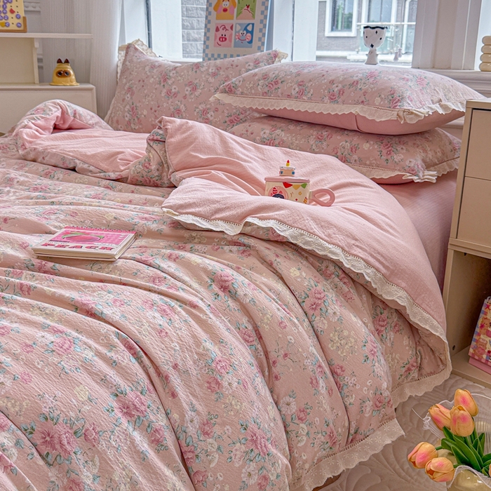 91家纺网 家纺一手货源 找家纺 芯贝儿 2025新款全m纯m花边木m邹邹双层纱水洗m四件套 爱如星辰