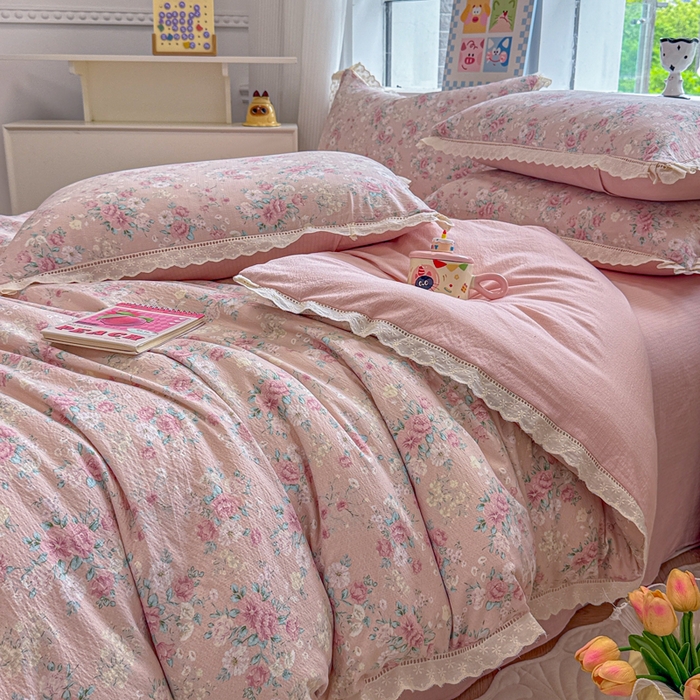 91家纺网 家纺一手货源 找家纺 芯贝儿 2025新款全m纯m花边木m邹邹双层纱水洗m四件套 爱如星辰