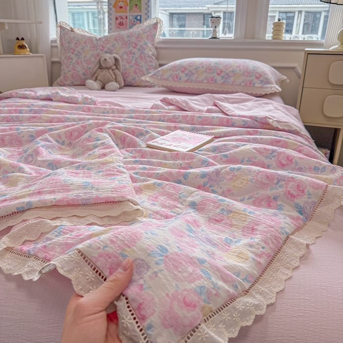 91家纺网 家纺一手货源 找家纺 （总）芯贝儿 2025新款全m花边木m邹邹双层纱水洗m夏被四件套