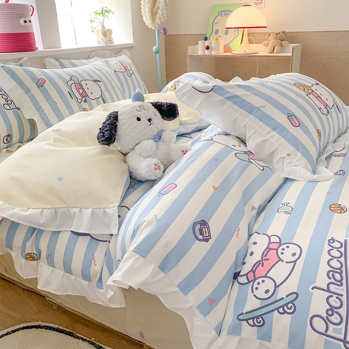 91家纺网 家纺一手货源 找家纺 （总）玉元坊 2025年5月新品 三丽鸥花边被套全棉床单纯棉床裙床笠三四件套-帕恰狗系列