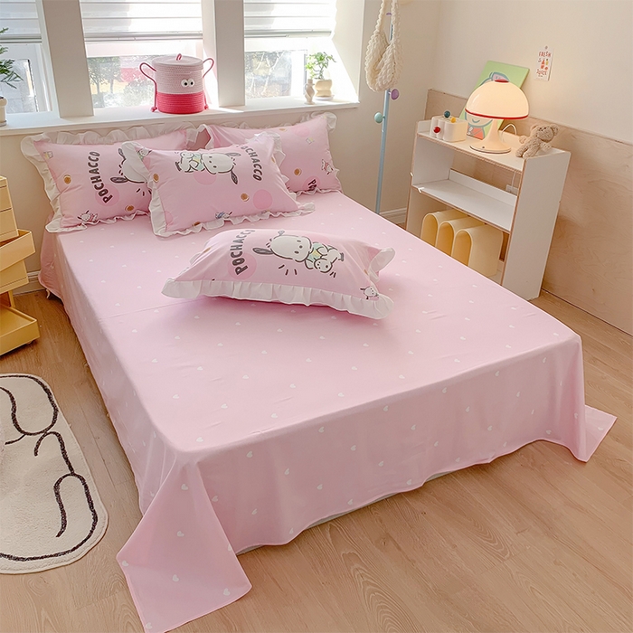 91家纺网 家纺一手货源 找家纺 玉元坊 2025年5月新品 三丽鸥花边被套全棉床单纯棉床裙床笠三四件套-帕恰狗系列 开心帕恰狗【花边款式】