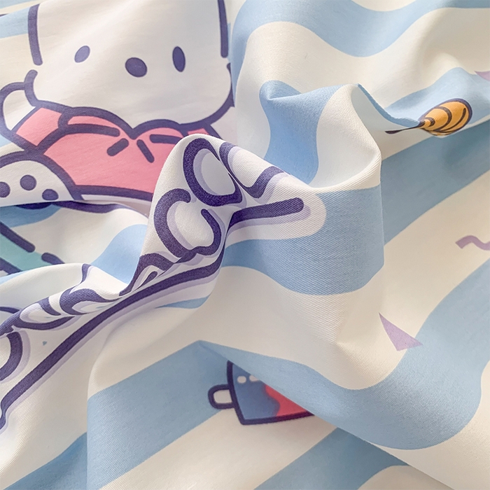 91家纺网 家纺一手货源 找家纺 玉元坊 2025年5月新品 三丽鸥花边被套全棉床单纯棉床裙床笠三四件套-帕恰狗系列 条纹帕恰狗【花边款式】