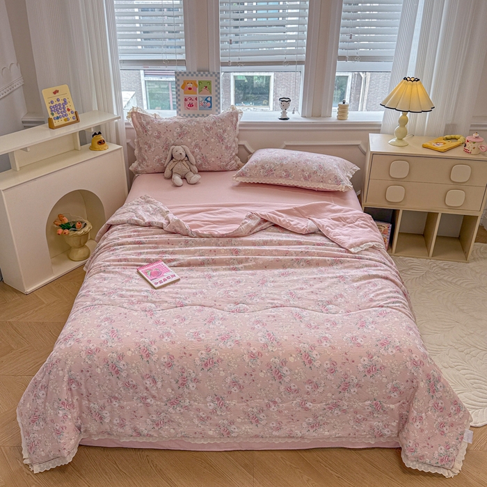 91家纺网 家纺一手货源 找家纺 芯贝儿 2025新款全m花边木m邹邹双层纱水洗m夏被四件套 爱如星辰