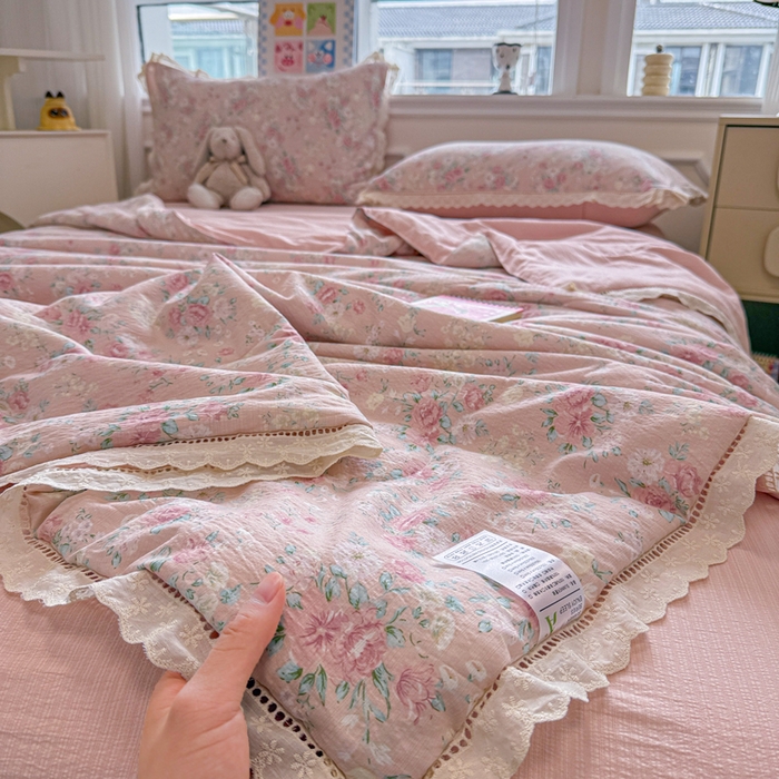 芯贝儿 2025新款全m花边木m邹邹双层纱水洗m夏被四件套 爱如星辰