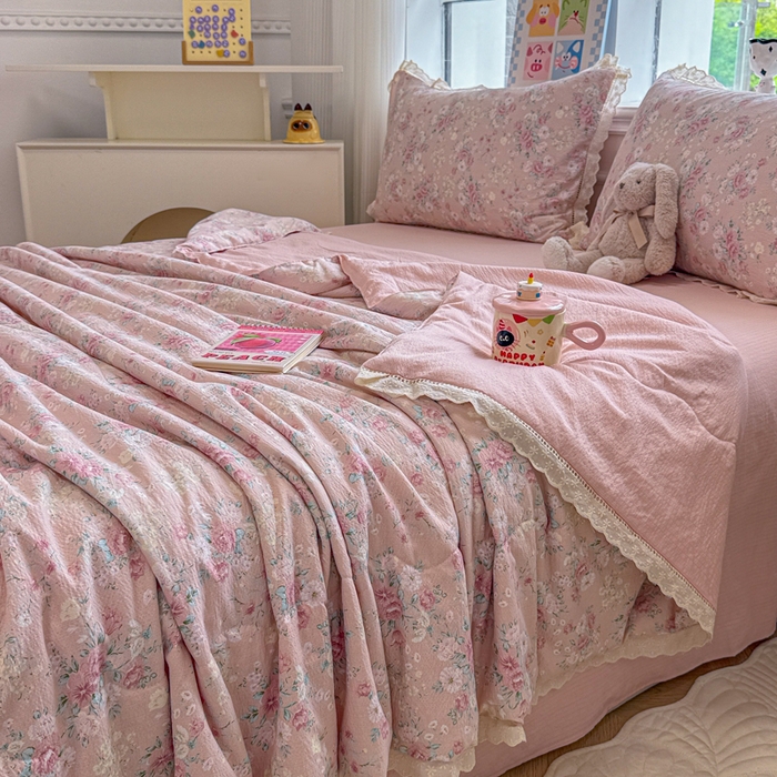 91家纺网 家纺一手货源 找家纺 芯贝儿 2025新款全m花边木m邹邹双层纱水洗m夏被四件套 爱如星辰