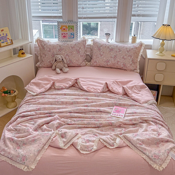 91家纺网 家纺一手货源 找家纺 芯贝儿 2025新款全m花边木m邹邹双层纱水洗m夏被四件套 爱如星辰