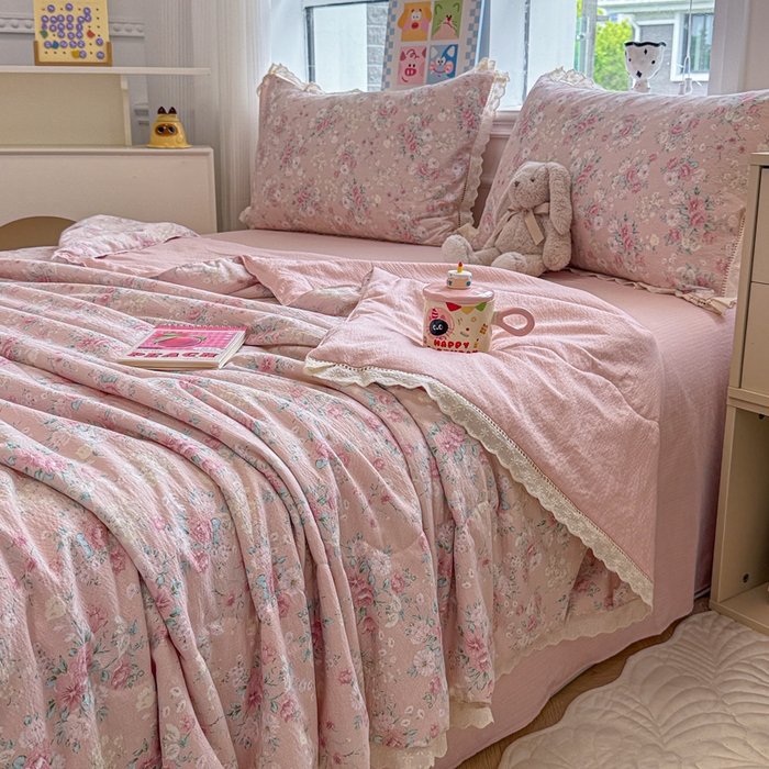 91家纺网 家纺一手货源 找家纺 芯贝儿 2025新款全m花边木m邹邹双层纱水洗m夏被四件套 爱如星辰