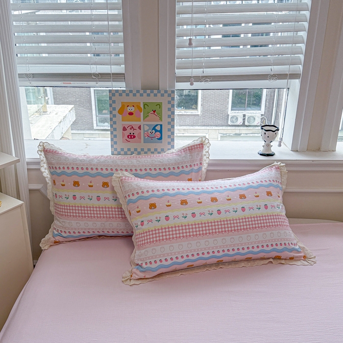 91家纺网 家纺一手货源 找家纺 芯贝儿 2025新款全m花边木m邹邹双层纱水洗m夏被四件套 草莓蛋糕