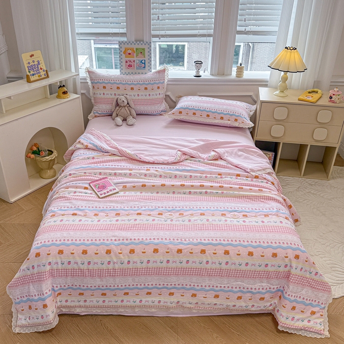 91家纺网 家纺一手货源 找家纺 芯贝儿 2025新款全m花边木m邹邹双层纱水洗m夏被四件套 草莓蛋糕