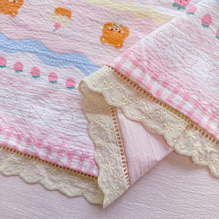 91家纺网 家纺一手货源 找家纺 芯贝儿 2025新款全m花边木m邹邹双层纱水洗m夏被四件套 草莓蛋糕